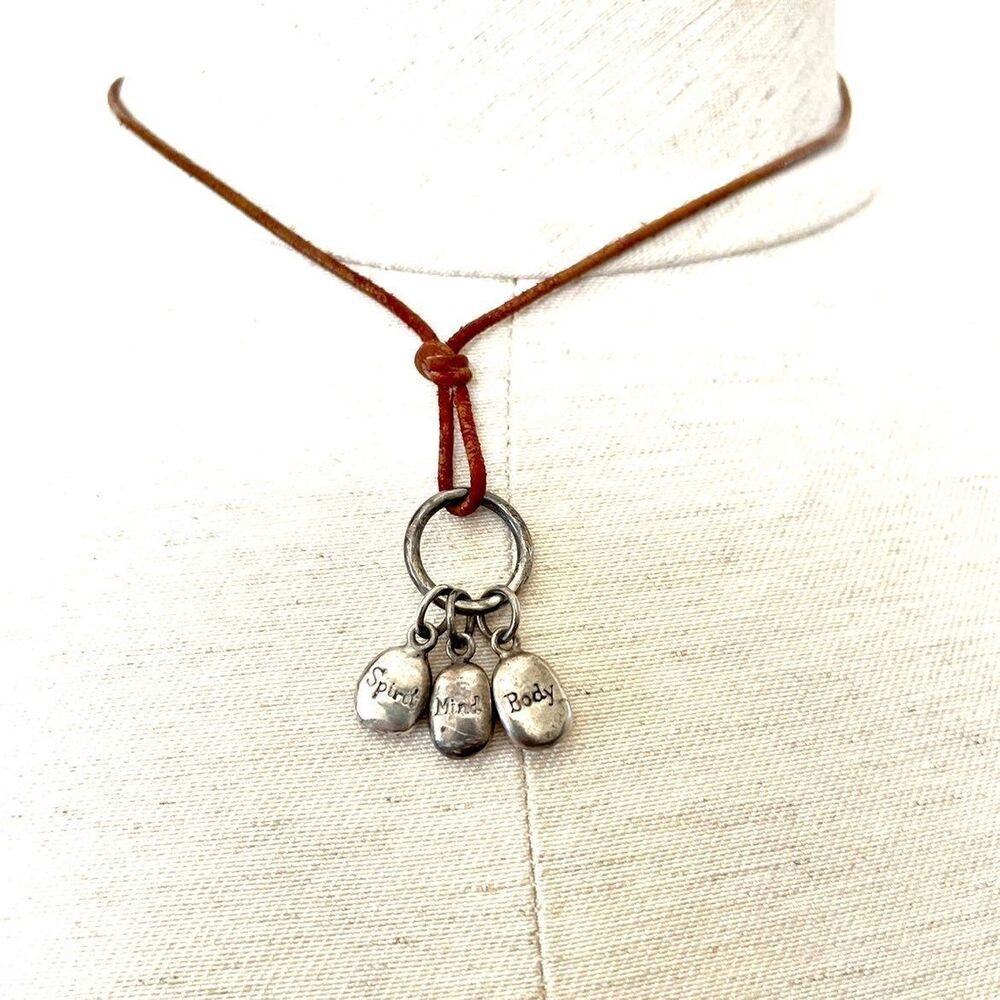 Sterling Silver charm necklace on brown cord - Picture 3 of 5